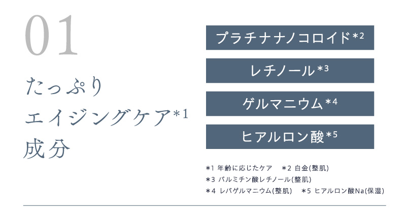 たっぷりエイジングケア成分。プラチナナノコロイド、レチノール、ゲルマニウム、ヒアルロン酸配合。