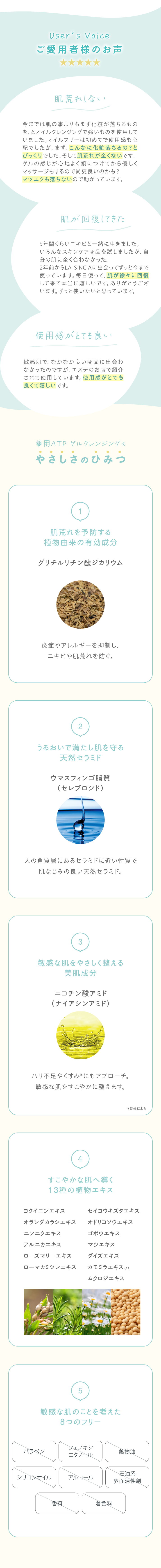 ご愛用者様のお声　ユーザーレビュー　薬用ATPゲルクレンジングのやさしさのひみつ　肌荒れを予防する植物由来の有効成分　うるおいで満たし肌を守る天然セラミド　敏感な肌をやさしく整える美肌成分　すこやかな肌へ導く13種の植物エキス　敏感な肌のことを考えた8つのフリー