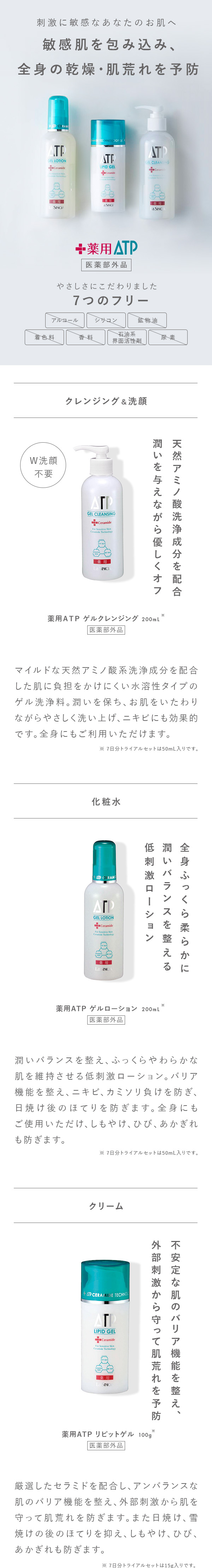 クレンジング、化粧水、ゲルクリーム