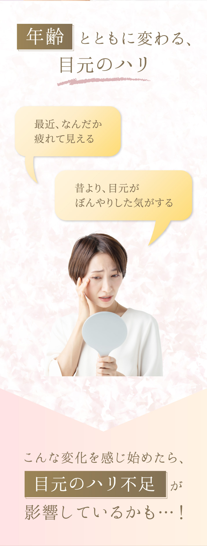 年齢とともに変わる、目元のハリ。最近なんだか疲れて見える…昔より目元がぼんやりした気がする…こんな変化を感じ始めたら、目元のハリ不足が影響しているかも