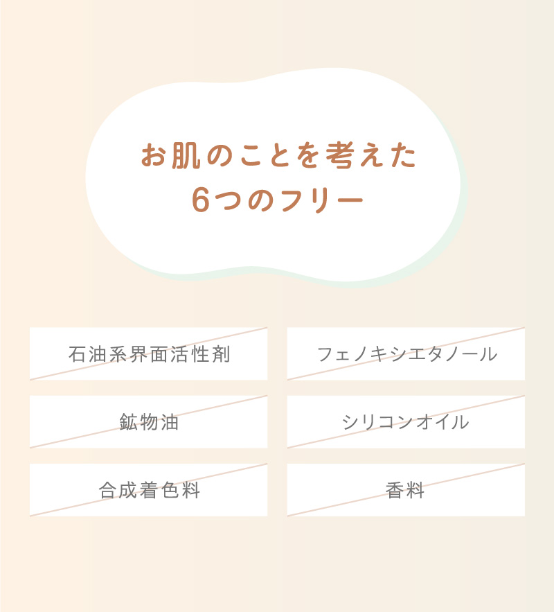 石油系界面活性剤フリー、フェノキシエタノールフリー、鉱物油フリー、シリコンオイルフリー、合成着色料フリー、香料フリー