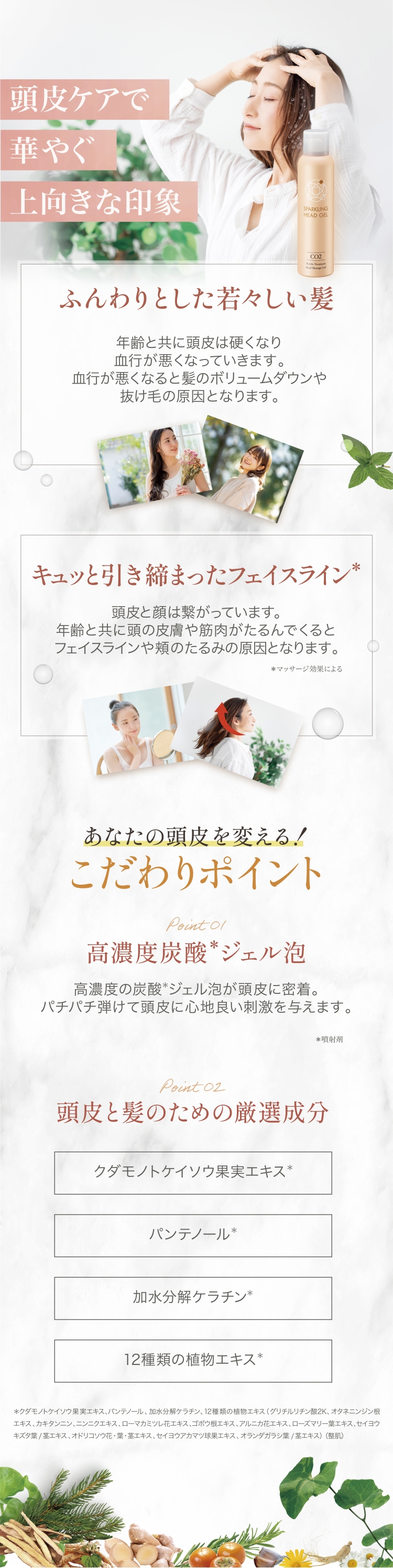 頭皮ケアで華やぐ、上向きな印象。ふんわりとした若々しい髪。キュッと引き締まったフェイスライン。あなたの頭皮を変えるこだわりポイント。高濃度炭酸ジェル泡。クダモノトケイソウ果実エキス、パンテノール、加水分解ケラチン、12種類の植物エキス