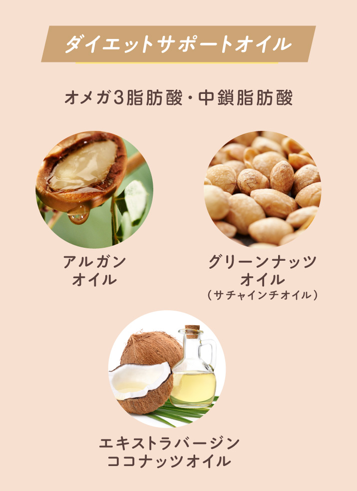 ダイエットサポートオイル オメガ3脂肪酸含有のアルガンオイル、グリーンナッツオイル（サチャインチオイル） 中鎖脂肪酸含有のエキストラバージンココナッツオイル